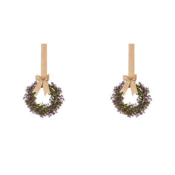 2pcs Farmhouse Wreath for Front Door, Artificial Spring Summer Wreath with Purple Lavender and Eucalyptus, Boxwood Kitchen Cabinet Wreath for Wedding Home Decor, Wall Window Porch Decoration