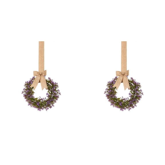 2pcs Farmhouse Wreath for Front Door, Artificial Spring Summer Wreath with Purple Lavender and Eucalyptus, Boxwood Kitchen Cabinet Wreath for Wedding Home Decor, Wall Window Porch Decoration