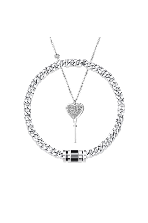 2pcs Fashion Lock Charm Metal Chain Bangle Stainless Steel Heart Key Pendant Necklace Couple Matching Jewelry