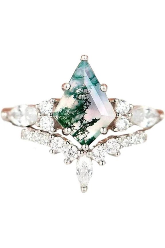 2pcs Fashion Rings Natural Green Moss Stone Agate Ring For Women Personalized Jewelry