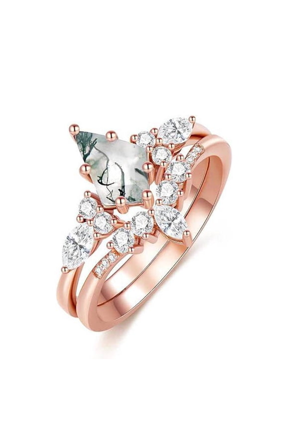 2pcs Fashion Rings Natural Green Moss Stone Agate Ring For Women Personalized Jewelry