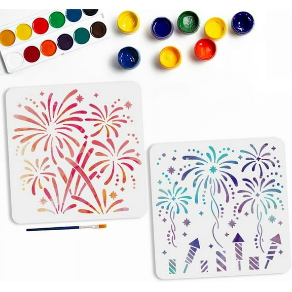 2pcs Fireworks Stencil 11.8x11.8inch Christmas Fireworks Silk Star Celebration Template with Paint Brush Reusable Stencils for Painting on Wood Wall Fabric Home Decor Mixed Color