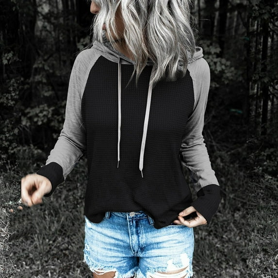 2024 New Hooded Sweatshirt in Clearance Women's Contrasting Color Loose Casual Long Sleeve Drawstring Hooded Sweatshirt Top Blouse Gifts for Women, Black XL