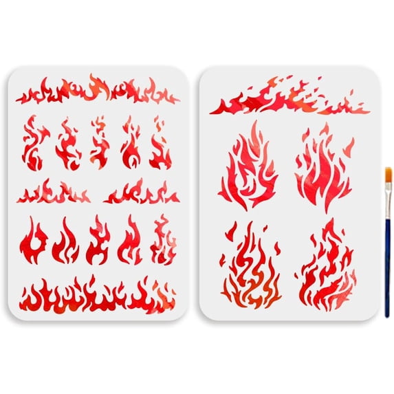 2pcs Flame Stencils 11.7×8.3inch Flame Painting Decor Template with Paint Brush Burning Fire Theme Drawing Template on Art Craft Canvas Wall Fabric Rock