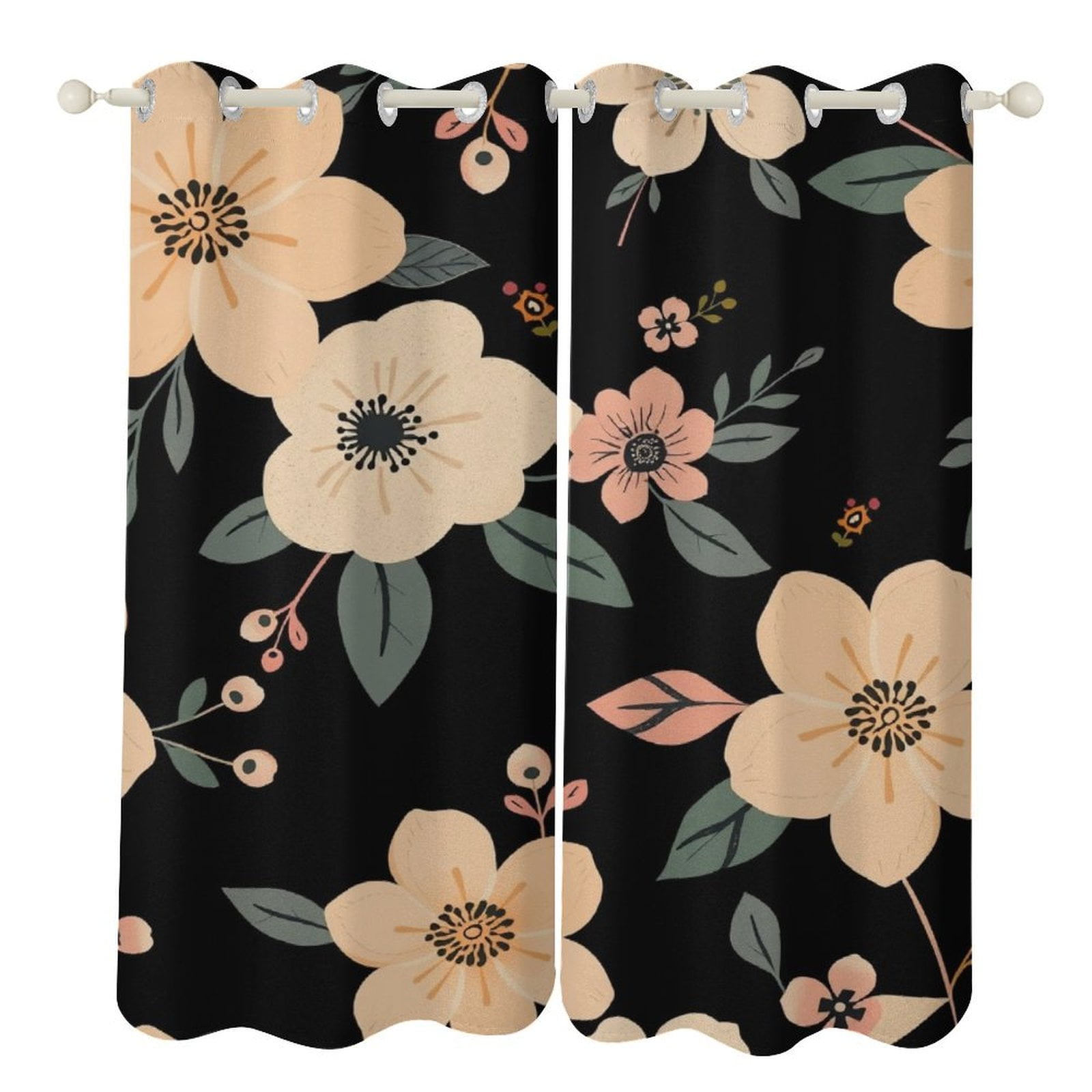 2pcs Floral Black Background Design Curtains For Living Room Grommet
