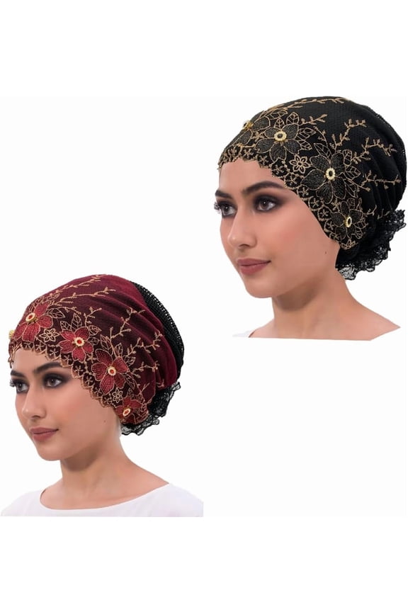 2pcs Floral Embroidered Turban Cap for Women Muslim Lady Wrap Head Bonnet African Female Headwrap Hijab Volumizer Cap