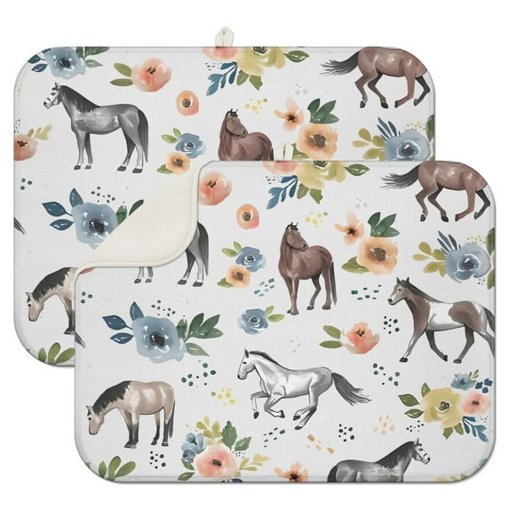 2pcs Floral Horse Pattern Drying Mat Set, Super Absorbent 3-Layer Microfiber, Foldable & Reusable Dish Drying Pad for Small Spaces