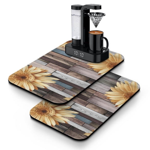 2pcs Floral Sunflower Coffee Mat Set, Pattern Absorbent Pad, Non-Slip Countertop Protector, Boho Rustic Style