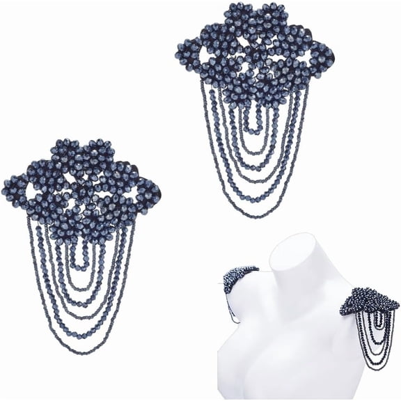 2pcs Flower Glass Bead Tassel Sew on Ornament Accessories Sewing Craft Decoration Black 155x110x7mm