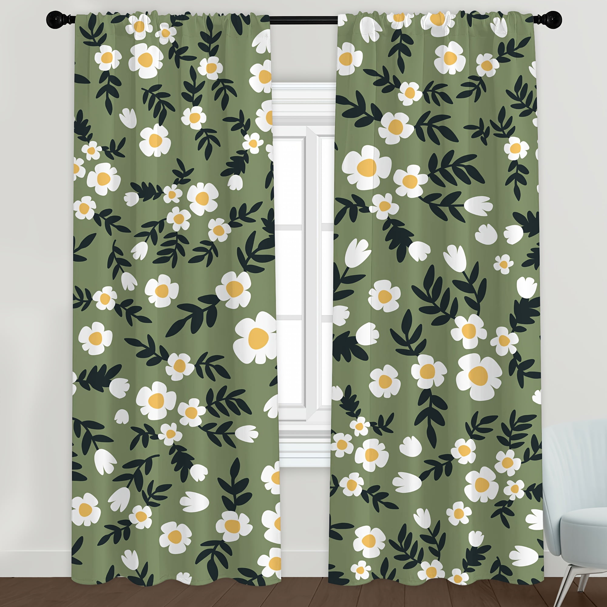 2pcs Flower Pattern Curtains Rod Pocket rative Window Drape Window