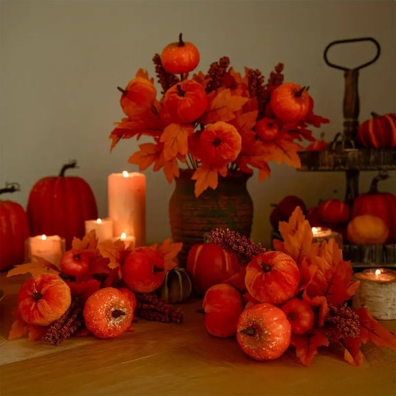 2pcs Fluffy Maple Leaf Pumpkin Pick, Fuzzy Fall Artificial Foliage Spray, Thanksgiving Harvest Floral for Vase Arrangement Table Centerpiece Halloween Home Decoration, Orange
