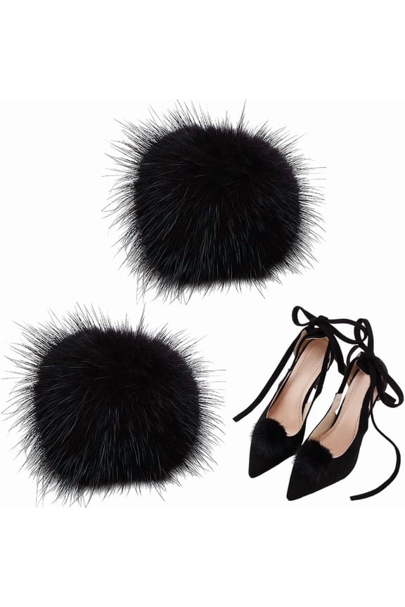 2pcs Fluffy Mink Fur Pom Shoe Clips Decoration Charms Black Removable Shoe Buckle Plush Balls Charms High Heels Shoes Clips for Boots Hat Flats Clothing Handbag 2.5 Inch