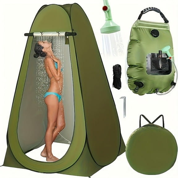 2pcs Foldable Camping Shower Kit with Tent & 5-Gallon Solar Bag -Portable Waterproof Outdoor Shower for Hiking, Fishing, Beach, Easy Setup Compact Storage, Solar-Heated Water, Ideal Camping Accessory