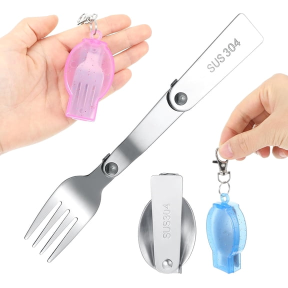 2pcs Foldable Fork and Spoon Set, Portable Folding Spoon and Fork Set with Two Plastic Storage Cases, Stainless Steel Metal Folding Spoon&Fork for Travel Camping Outdoors Picnic