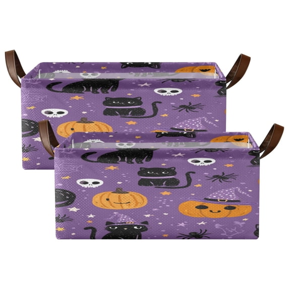 2pcs Foldable Iron Frame Storage Basket Open Basket Bins Versatile Organizer for Laundry Bathroom Closet 16.9” x 11.4” x 7.7” Black Cat and Pumpkin