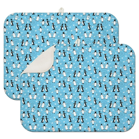2pcs Foldable Penguin Print Dish Mat - Absorbent Microfiber Drying Pad with Cute Emperor Penguin Design, Eco-Friendly & Reusable