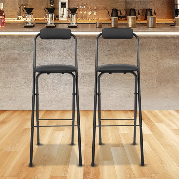 2pcs Folding Bar Stool with Backrest 30 Inch Seat Height PU Cushioned Padded Folding Counter Height Stool Portable Tall Chairs Metal Frame Barstools for Outdoor Camping Kitchen Shop Cafe (Black)