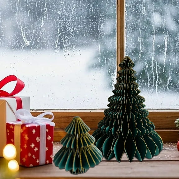 2pcs Folding Christmas Honeycomb Tree Decor, 3D Paper Xmas Trees Table Centerpiece for New Years Eve Party & Holiday Home Decor
