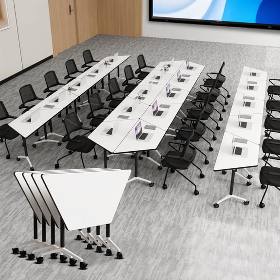2pcs Folding Conference Table with Wheels,47.2in Training Meeting Table with Flip-Top & Strong Metal Frame,Trapezoid Design for Classrooms & School Office Spaces(White)