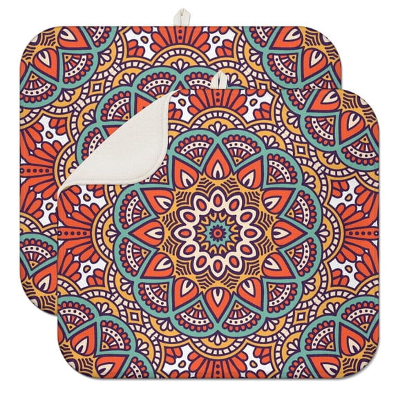 2pcs Folk Mystic Mandala Dish Drying Pad, Geometric Mandala Pattern, Heat Resistant & Foldable, Durable