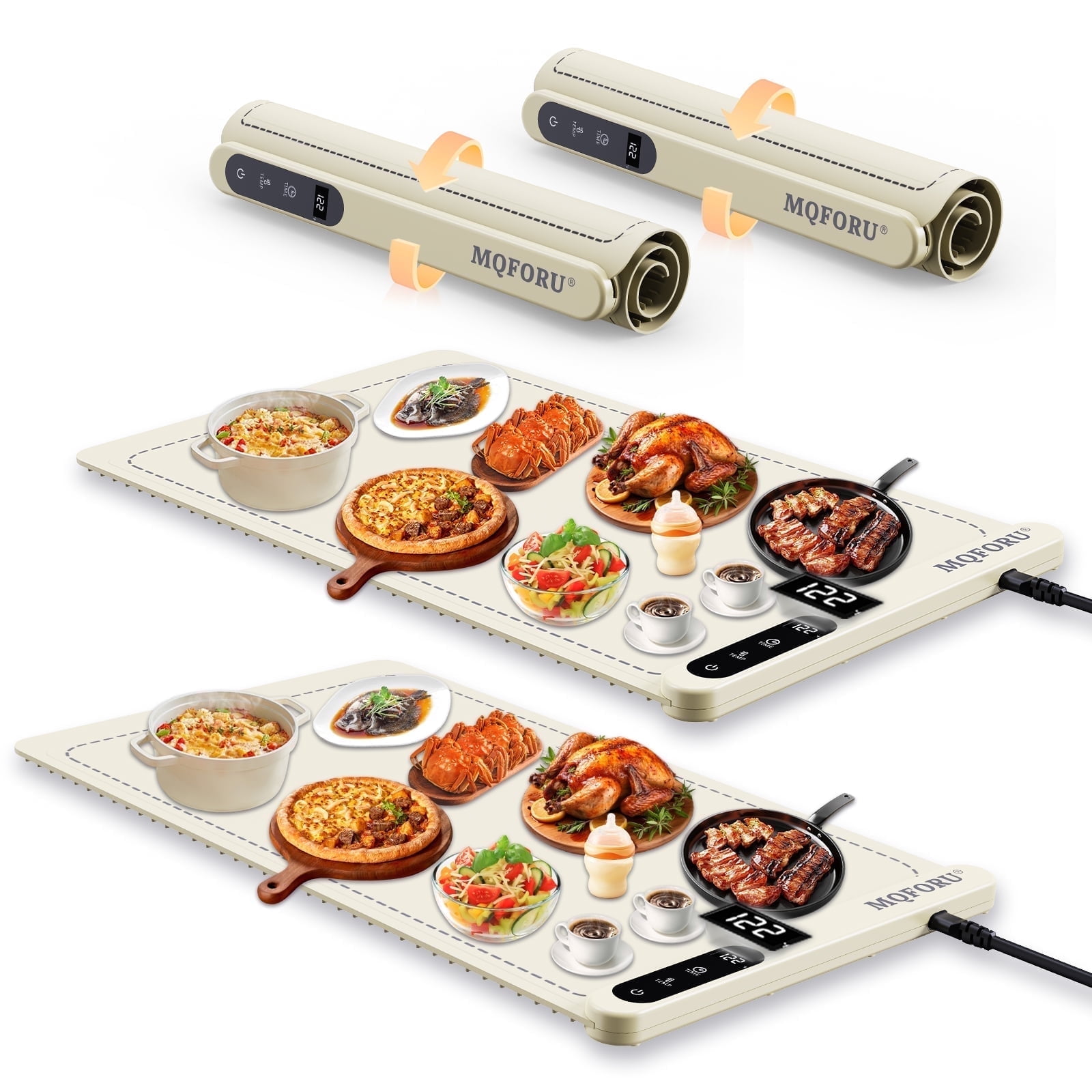 2pcs Food Warming Mat for Buffet,5s Full Surface Heating,Electric Warming Tray with 3m Power Cord,Roll Up Warming mat for Food,6 Level Adjustable TEM&6H Timer,Auto-Off (Beige, 23.6"×14.5"×0.47")