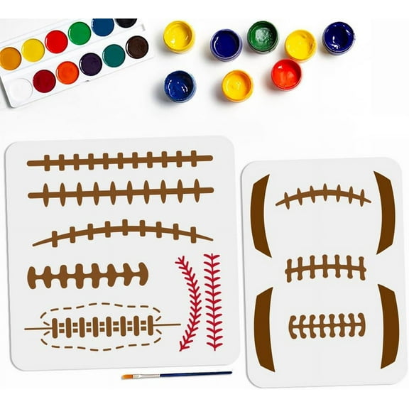 2pcs Football Sewing Thread Stencil 11.811.8/11.78.3inch Large Baseball Thread Painting Stencils with Paint Brush Sports Ball Drawing Template