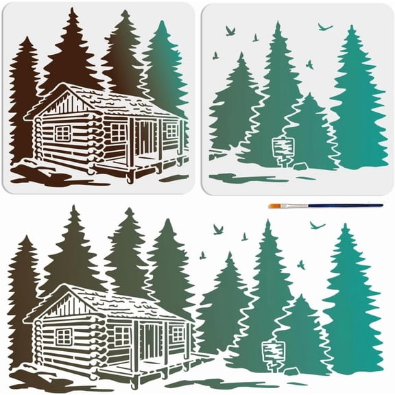 2pcs Forest Cabin Tree Stencil 2211inch Splicing Style Forest Pine Cabin Stencil Nature Forest Landscape 11.811.8inch Drawing Template with Paint Brush for Art Crafts Canvas Furniture diy
