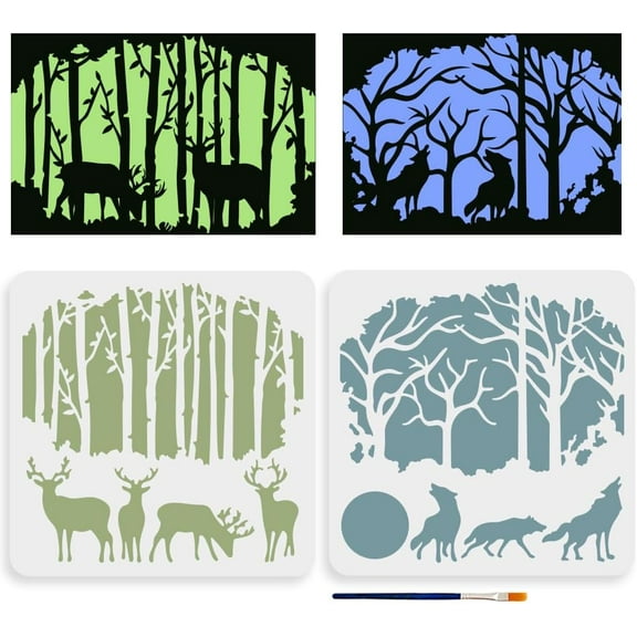 2pcs Forest Deer Wolf Stencils 11.8×11.8inch 4 Deer and 3 Wolves Tree Template Reusable Large Wildlife Stencils with Paint Brush for DIY Craft Wood Wall Canvas Glass Home Decor