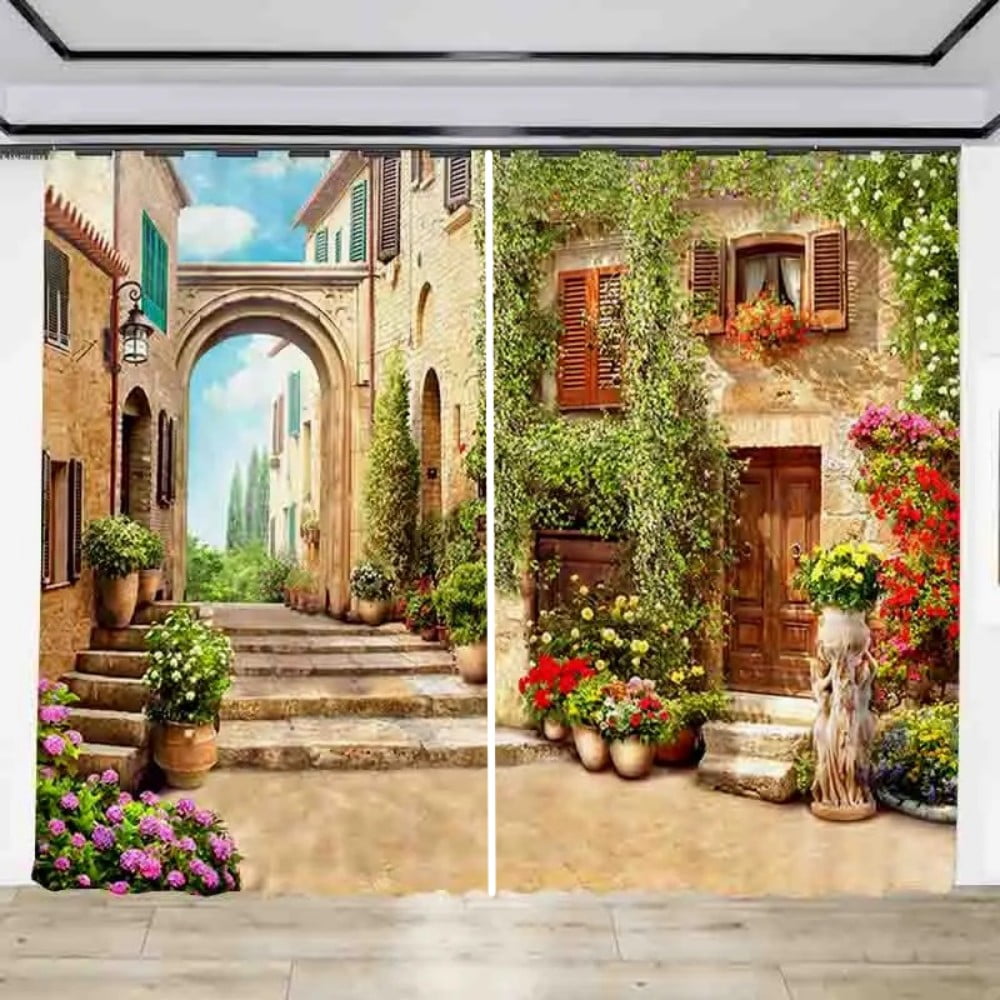 2pcs Forest Flowers Small Path Pattern Printed Translucent Curtains