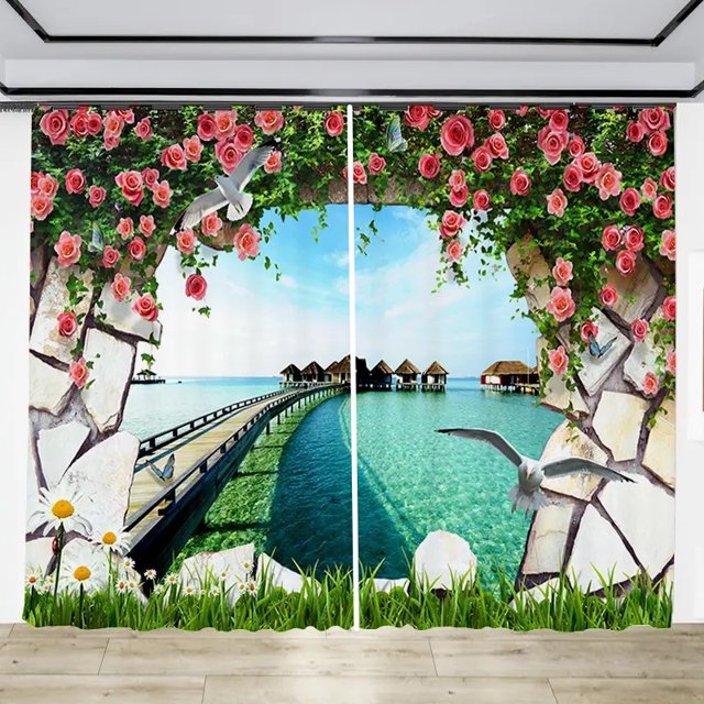 2pcs Forest Flowers Small Path Pattern Printed Translucent Curtains