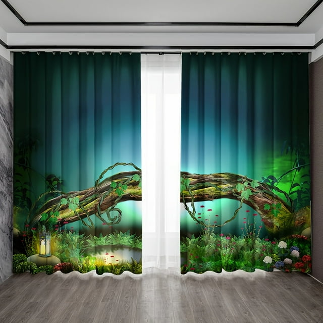 2pcs Forest Waterfall Prints Curtain Rod Pocket Privacy Window Drapes Semi-Blackout Window Treatments For Bedroom Blinds Windows