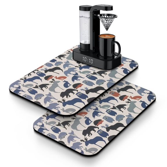 2pcs Fox Design Coffee Bar Mat - Artistic Forest Pattern Absorbent Mat for Espresso Machine, Non-Slip Countertop Protector