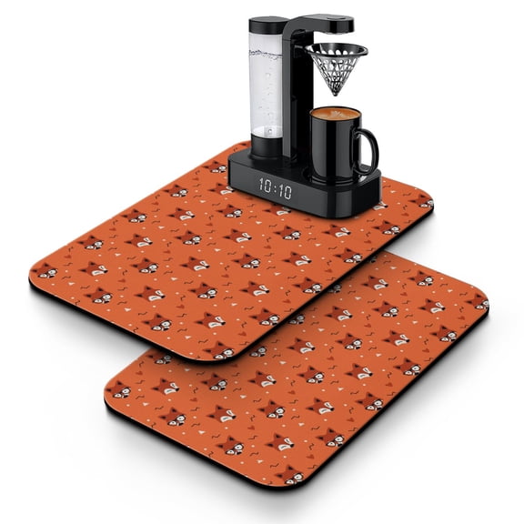 2pcs Fox Design Coffee Bar Mat - Artistic Forest Pattern Absorbent Mat for Espresso Machine, Non-Slip Countertop Protector
