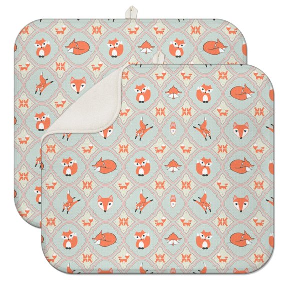 2pcs Foxy Cartoon Drying Mat Set - Cute Fox & Floral Pattern Microfiber Countertop Pad, Quick Dry & Machine Washable for Kitchen Sink