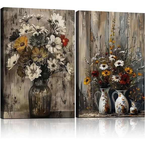 2pcs Framed Rustic Metal Vase Wall Art Canvas Home Vintage Floral Farmhouse Decor Country Style Indoor Kitchen Living Room Bedroom Home Office Dining Ready To Hang 12x16 Inch