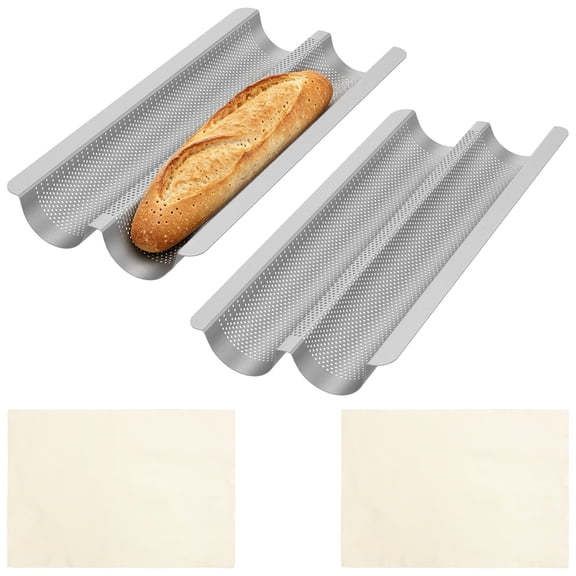 2pcs French Bread Baking Pan Perforated 2 Slot Long Bread Pan Mold Nonstick Bakery Tray with Proofing Cloth for Home Kitchen Baking