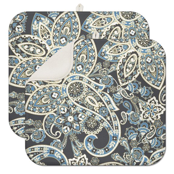 2pcs French Country Vintage Drying Mat, 3-Layer Thick Absorbent Microfiber Dish Drying Pad, Heat Resistant Countertop Mat with Elegant Floral Pattern