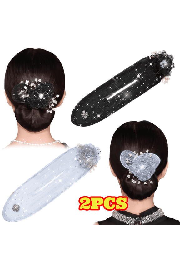 2pcs French Hair Bun Maker for Long Thick Hair, Sparkly Ball Hair Clip, Flower Hair Bun Roller for Women Girls