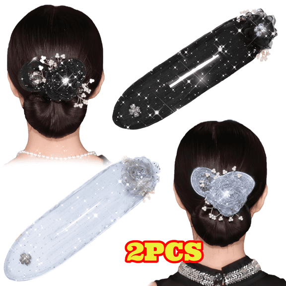2pcs French Hair Bun Maker for Long Thick Hair, Sparkly Ball Hair Clip, Flower Hair Bun Roller for Women Girls