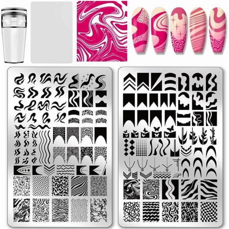 2pcs French Line Print Nail Art Template Swirl Line Pattern Nail Stamp Plate Stainless Steel Image Plate Texture Nails Stencil Set Handmade