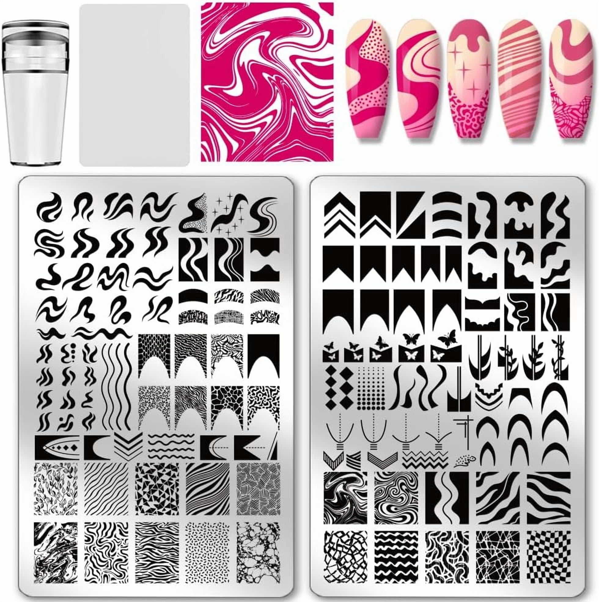 2pcs French Line Print Nail Art Template Swirl Line Pattern Nail Stamp ...