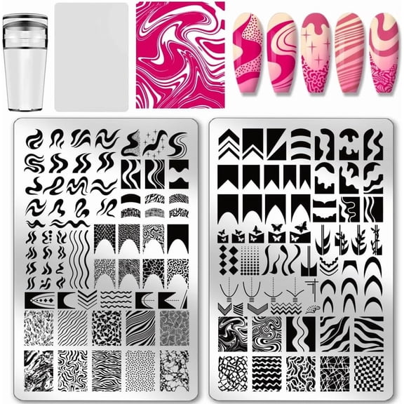 2pcs French Line Print Nail Art Template Swirl Line Pattern Nail Stamp Plate Stainless Steel Image Plate Texture Nails Stencil Set