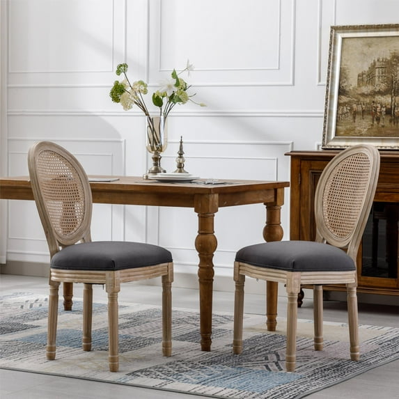 French Country Dining Chairs Set of 2, Farmhouse Fabric Chairs with Round Back, Rattan Dining Chair, Oval Side Chairs for Dining Room/Living Room/Kitchen/Restaurant, Gray