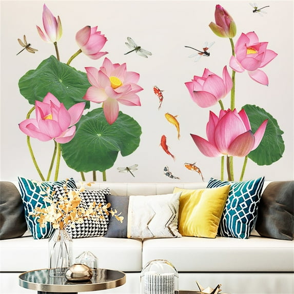 2pcs Fresh Lotus Sticker Chinese Style Koi Dragonfly Bedroom Wall Decora Wall Sticker Creative Home Decor Living Room Decals