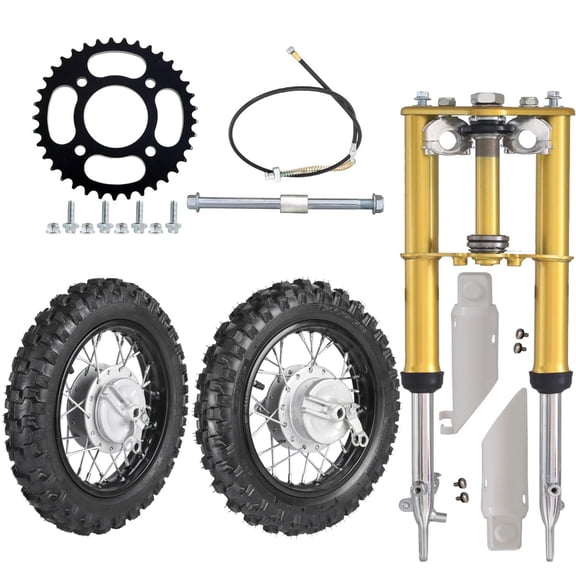 2pcs Front and Rear 2.50-10 Dirt Bike Tire and Tube Wheel Rim Assembly Kit with 420 37T Sprocket, Front Forks End, 10 inch Off Road Tires for Pit Bike CRF50 XR50 PW50 TTR50 SSR 70cc 90cc 110cc