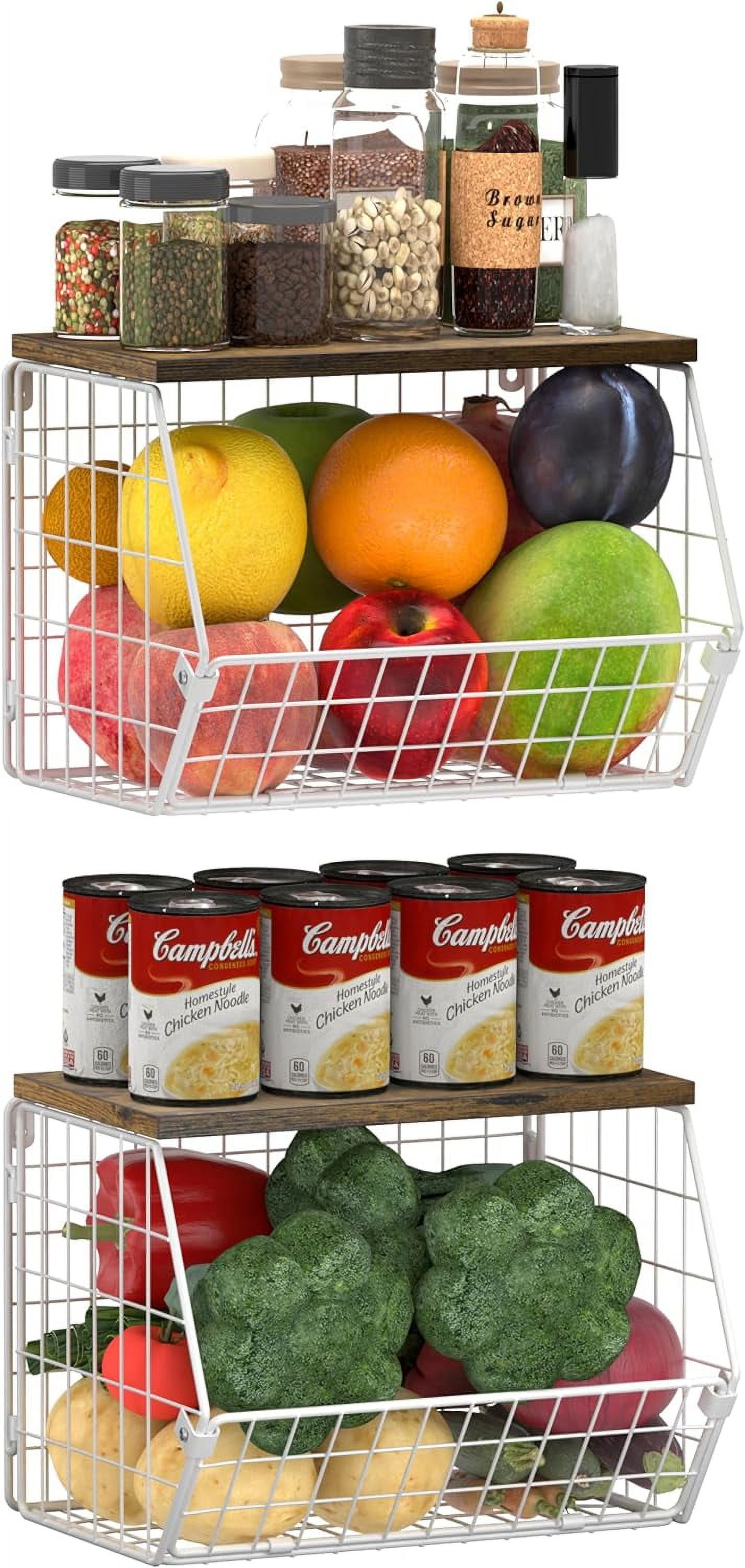 2pcs Fruit Basket Onion Storage Wire Basket with Wood Top- Wall Mounted ...
