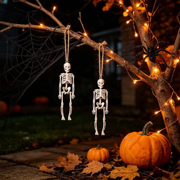 2pcs Full Body Human Skeleton Figurine with Movable Joints, Realistic Poseable Skeleton Prop, Scary Halloween Decoration for House Party Tabletop Shelf Home Display, White