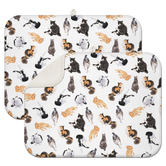 2pcs Funny Cat Illustration Drying Mat - Absorbent Microfiber Kitchen Pad, Cartoon Cat Design, Foldable & Heat Resistant, Cat Lover Gift