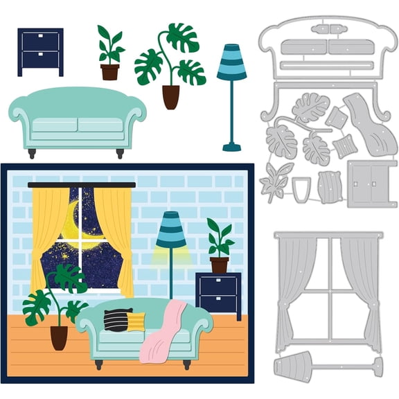 2pcs Furniture Metal Dies Comfy Couch Sofa Window Curtain Lights Green Plants Home Decor Template Stencils for DIY Scrapbooking Decorative Embossing 0.8mm Thick Gray