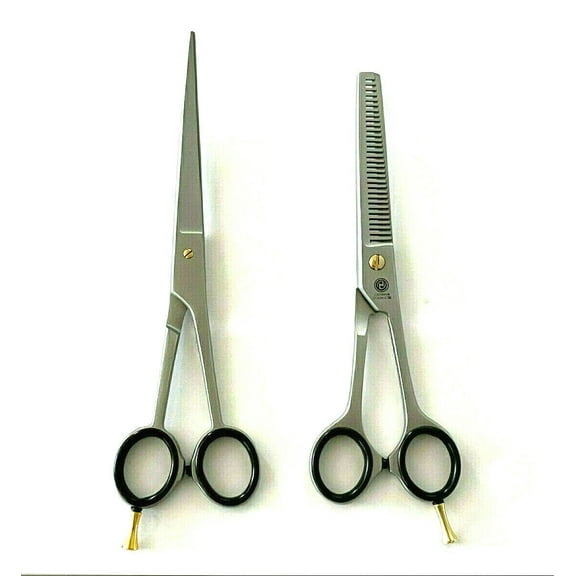 2pcs GERMAN Curved Barber Hair Trimming Scissors + Double Teeth Thinning Shears